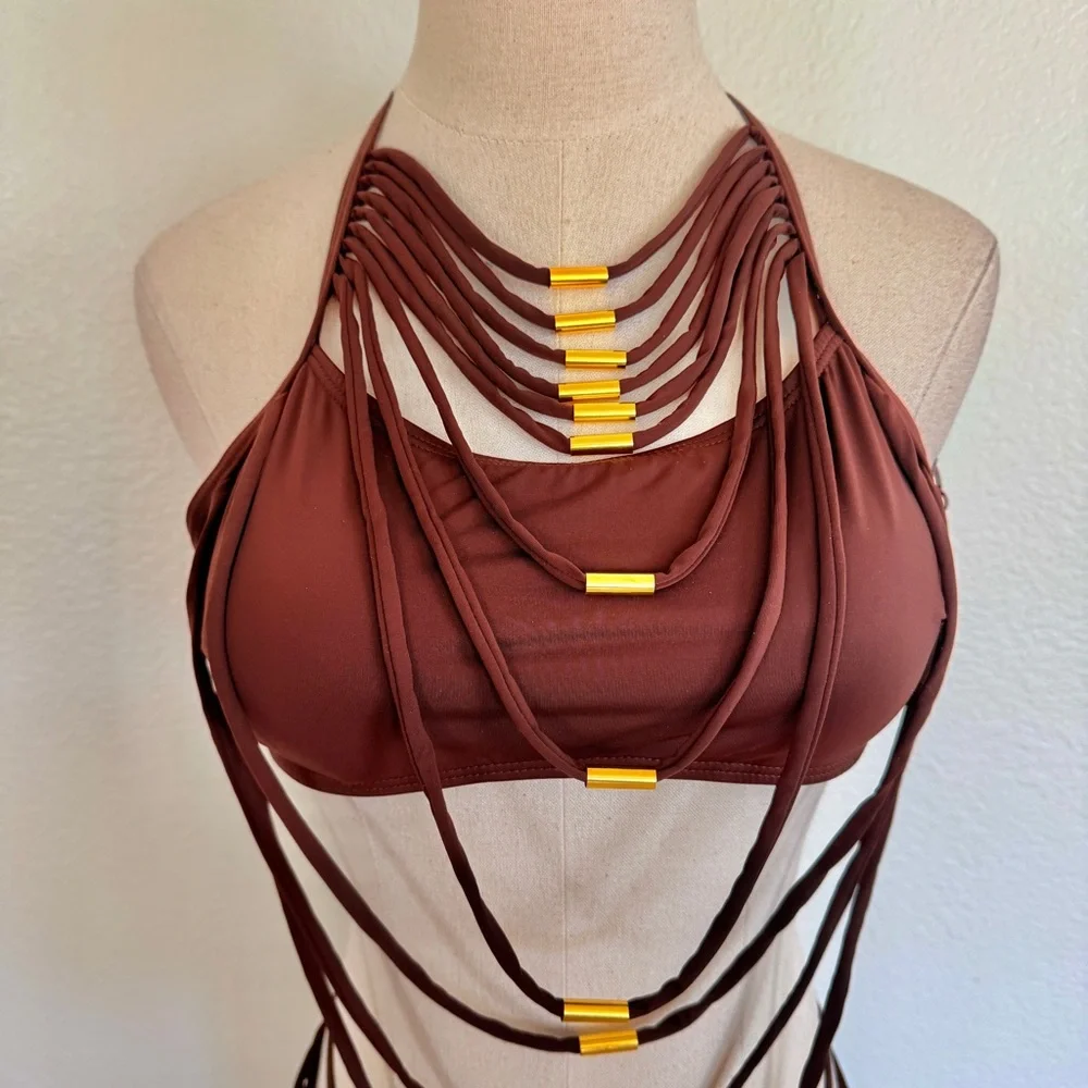 🌞 Brown Strappy Rope Gold Metal Detail Bikini Swimsuit Set